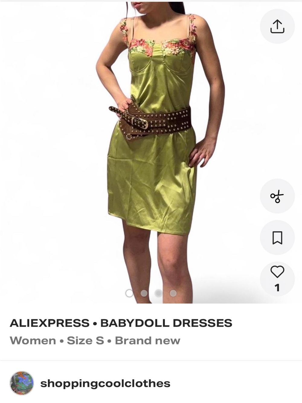 Satin Babydoll Midi Dress with Floral Trim - Green
